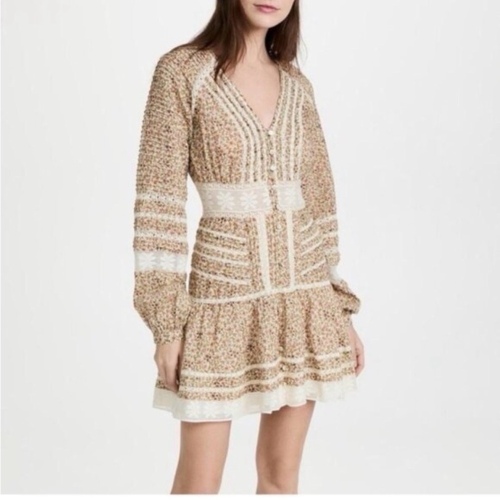 Veronica Beard Addilyn Floral Lace-Trim V-Neck Mini Dress in Beige sz 4 NWT